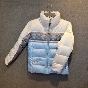 First Down Puffer Jacket White Blue Gray Embroidered Zip Front  100% Down Medium